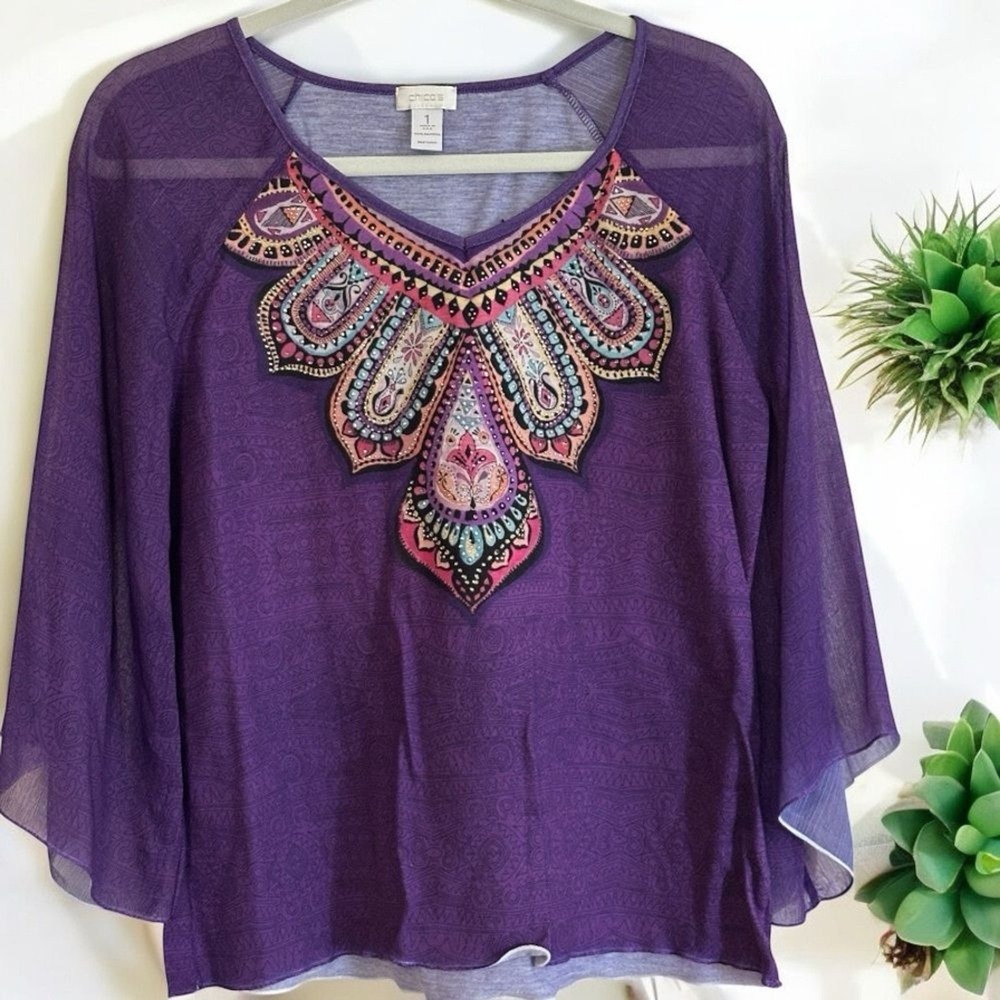 Chico's Top Purple 1‎ Women Embellished Sheer Bell Sleeve Boho
